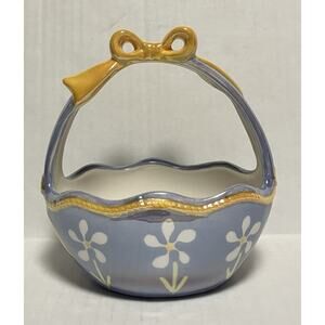 Vtg Small Ceramic Lusterware Lilac Easter Basket Decor Flowers Yellow Bow 6X6.5